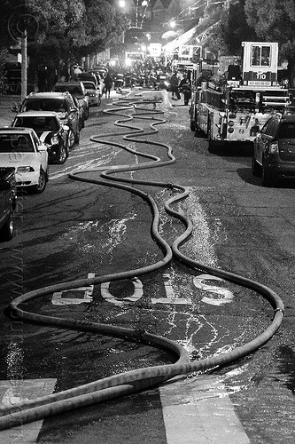 fire hoses on street, fire department, fire engine, fire fighting, fire hoses, fire truck, night, sffd