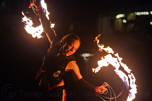 fire performer with fire fans - fire dancing expo (san francisco), fire dancer, fire dancing expo, fire fans, fire performer, fire spinning, night, spinning fire, temple of poi
