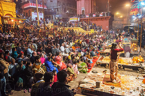 fire puja ceremony - main ghat - varanasi (india), ceremony, crowd, dashashwamedh ghat, fire puja, ghats, hindu, hinduism, main ghat, night, show, sitting, varanasi
