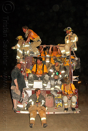 firefighters on fire engine, burning man at night, fire engine, fire truck, firefighters, lorry, men
