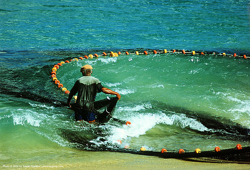 fisherman with fishing net near the beach, beach, fisherman, fishing net, man, ocean, sea, seashore, tobago