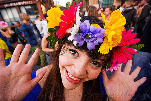 flower headdress - how weird street faire (san francisco), bindis, flower headdress, hands, woman