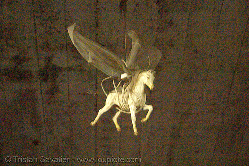 flying pegasus in abandoned factory (san francisco), derelict, flying horse, hanging, pegasus, sculpture, street art, tie's warehouse, trespassing