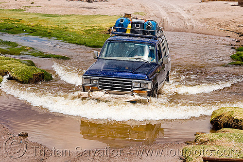fording a river with a 4x4 truck, 4x4, all-terrain, alota, bolivia, car, expedition, fording, landcruiser, river crossing, roof rack, touring, toyota
