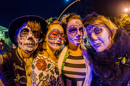 four girls with sugar skull makeup - dia de los muertos (san francisco), day of the dead, dia de los muertos, face painting, facepaint, halloween, night, sugar skull makeup, women