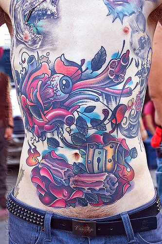 full chest tattoo - burning man decompression, bare chest, chest tattoo, full body tattoos, jeremiah, man, tattooed
