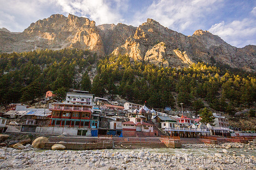 gangotri ghat on the bhagirathi river (india), bhagirathi river, bhagirathi valley, gangotri, ghats, hindu pilgrimage, hinduism, mountain river, mountains, river bed