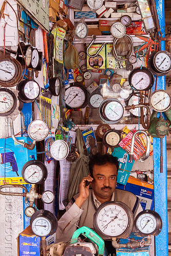 gauge shop (india), delhi, man, merchant, pressure gauges, shop, sitting, store, vendor
