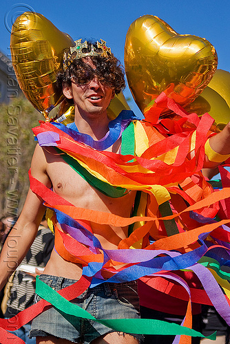 gay pride san francisco, crown, gay pride festival, heart balloons, man, paper strips, rainbow colors
