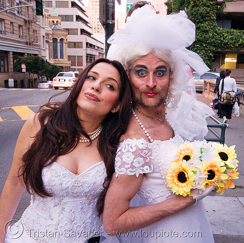 gay wedding? - brides of march street festival (san francisco), bridal bouquet, bride, brides of march, flowers, gay wedding, man, randal smith, same-sex wedding, wedding dress, white, woman