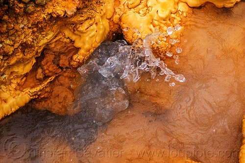 geyser of scalding water at sulfurous hot springs (india), bubbling, concretion, dhauliganga valley, droplets, geyser, hot water, mountains, orange, sulfurous hot springs, tapovan hot springs