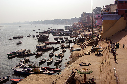 ghats and boats on ganges river - varanasi (india), ganga, ganges river, ghats, hindu, hinduism, moored, mooring, river bank, river boats, varanasi