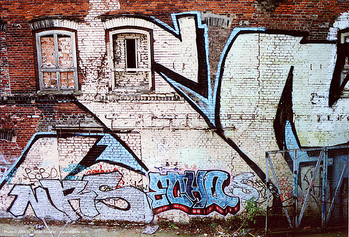 giant graffiti (berlin), berlin, brick wall, graffiti, street art, walled windows