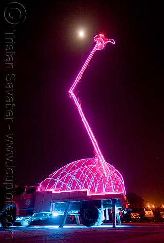 giant pink flamingo, aerial lift, boom lift, cherry picker, crane, full moon, ghostship 2009, glowing, halloween, lorry, night, party, pink flamingo, truck