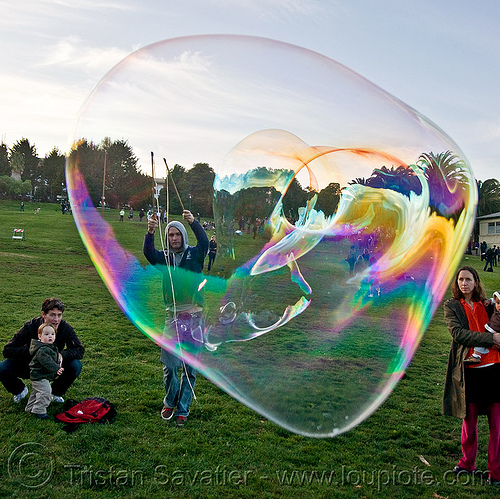 giant soap bubble, big bubble, giant bubble, iridescent, lawn, park, soap bubbles