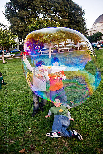 giant soap bubble and kids, big bubble, children, giant bubble, iridescent, kids, lawn, park, playing, soap bubbles