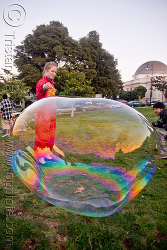 giant soap bubble - red woman, big bubble, giant bubble, iridescent, lawn, park, playing, red, soap bubbles, woman