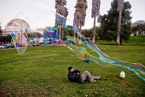 giant soap bubble - tube, big bubble, giant bubble, iridescent, lawn, park, photographer, soap bubbles, tube