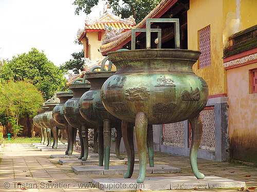 giant three-legged cauldrons - forbidden city - vietnam, brass, cauldrons, citadelle, forbidden city, hué, three legged