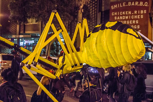 giant yellow spider puppet, day of the dead, dia de los muertos, giant puppet, halloween, night, spider puppet, yellow spider