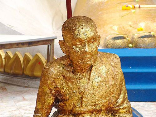 gilded statue of buddhist monk (bangkok) - thailand, bangkok, gilded, gold leaves, offering, statue, temple, wat, บางกอก