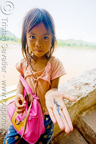 girl playing with small blue-tail lizard (laos), blue-tail, blue-tailed, child, girls, hand, kid, little girl, lizard, luang prabang, mekong, pak ou caves temples, river