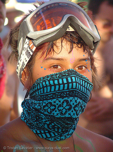 girl with bandana mask - sol - burning man 2005, bandana, face mask, goggles, masked, solena, woman