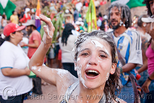 girl with foam on face - carnaval de tilcara (argentina), andean carnival, argentina, carnaval de la quebrada, carnaval de tilcara, noroeste argentino, party foam, quebrada de humahuaca, talk powder, woman