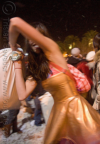 girl with golden dress - the great san francisco pillow fight 2009, down feathers, night, pillows, woman, world pillow fight day