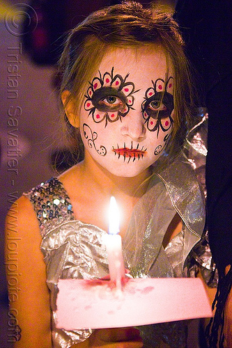 girl with skull makeup - dia de los muertos - halloween (san francisco), candle, child, day of the dead, dia de los muertos, face painting, facepaint, halloween, kid, little girl, night, sugar skull makeup, woman