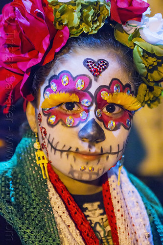girl with sugar skull makeup, child, day of the dead, dia de los muertos, eyelashes extensions, face painting, facepaint, feather eyelashes, halloween, kid, little girl, night, sugar skull makeup