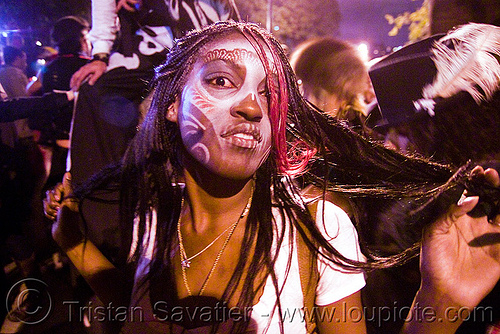 girl with white airbrush stencil skull makeup - dia de los muertos - halloween (san francisco) - makay, airbrush stencil, day of the dead, dia de los muertos, face painting, facepaint, halloween, makeup, night, woman