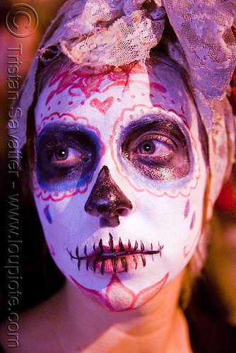 girl with white skull makeup - dia de los muertos - halloween (san francisco), day of the dead, dia de los muertos, face painting, facepaint, halloween, night, sugar skull makeup, woman