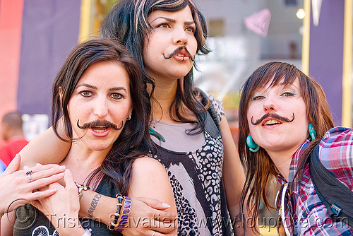 girls with false moustaches, fake moustaches, fake mustaches, false moustaches, false mustaches, haight street fair, mustache, sarah, women