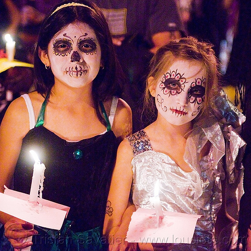girls with skull makeup - dia de los muertos - halloween (san francisco), candles, children, day of the dead, dia de los muertos, face painting, facepaint, girls, halloween, kids, night, sugar skull makeup, woman