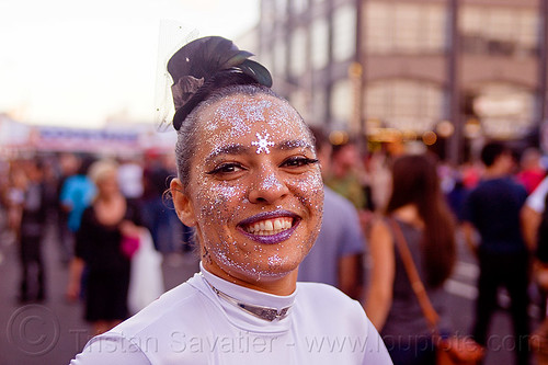 glittery makeup - folsom street fair (san francisco), crystal, glittery makeup, purple lipstick, woman