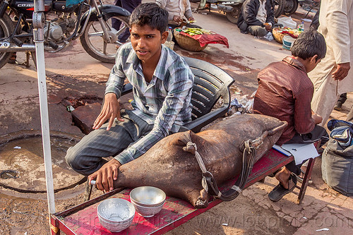 goat-skin water bag (india), bowls, boy, delhi, goat skin, islam, leather, man, milk bag, muslim, selling, street market, street seller, street vendor, traditional, water bag, water container