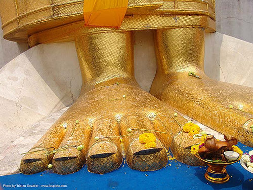พระพุทธรูป - พระบาท - golden feet of giant standing buddha statue - bangkok - thailand, bangkok, buddha image, buddha statue, buddhism, buddhist temple, feet, giant buddha, golden color, offering, pig head, sculpture, wat, บางกอก, พระพุทธรูป