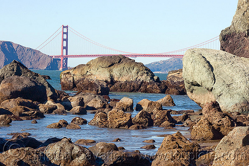 golden gate bridge, coast, golden gate bridge, landscape, ocean, rocks, sea, suspension bridge