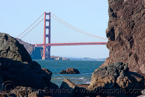 golden gate bridge north tower (san francisco), bridge pillar, bridge tower, coast, golden gate bridge, landscape, ocean, rocks, sea, suspension bridge