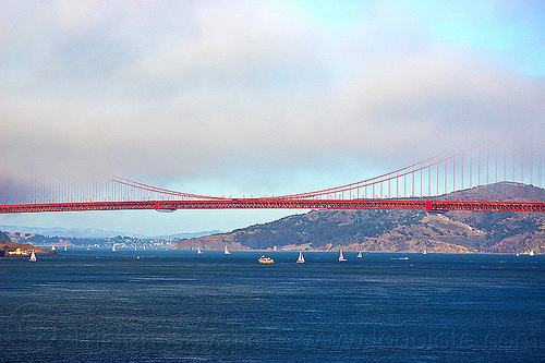 golden gate bridge span in the fog, angel island, boats, bridge span, coast, fog bank, golden gate bridge, hill, landscape, ocean, sailboats, san francisco bay, sea, suspension bridge
