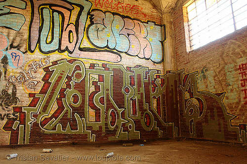 graffiti on wall in abandoned factory, derelict, graffiti piece, street art, tie's warehouse, trespassing