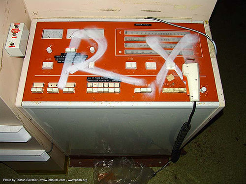 graffiti-rx - x-ray machine controls - abandoned hospital (presidio, san francisco), abandoned building, abandoned hospital, graffiti, presidio hospital, presidio landmark apartments, radiography, trespassing, x-ray machine