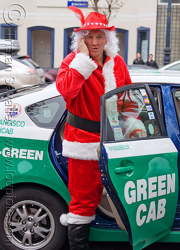 green cab, car, christmas, costumes, green cab, man, santa claus, santacon, santarchy, santas, taxi cab