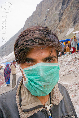 green eyed guy with dust mask - amarnath yatra (pilgrimage) - kashmir, amarnath yatra, dust mask, green eyed, green eyes, hindu pilgrimage, indian man, kashmir, mountains, pilgrim, snow