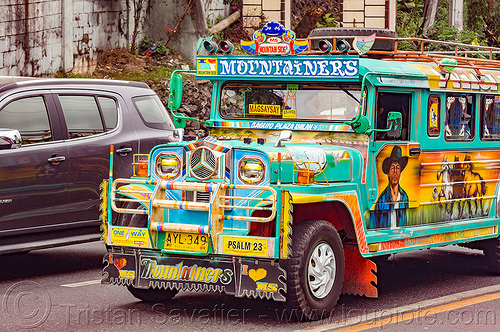 green jeepney (philippines), baguio, colorful, decorated, front grill, jeepneys, painted, road, truck