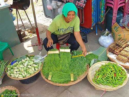 green vegetables sold on the market - thailand, asian woman, farmers market, merchant, stall, street market, street seller, street vendor, vegetables, veggies