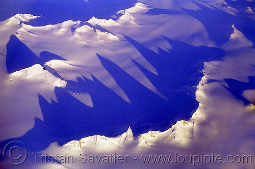 greenland mountain aerial with long shadows, aerial photo, blue, greenland, ice, landscape, long shadows, mountains, raking light, raking sunlight, snow field