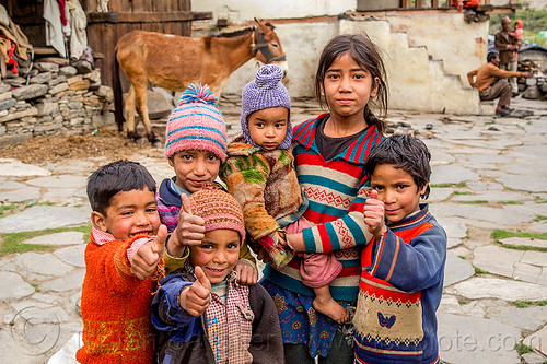 group of little children in himalayan village (india), baby, boys, children, horse, janki chatti, kids, knit cap, little girl, toddler, village