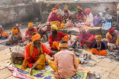 group of sadhus (hindu holy men) sitting near their bonfires (nepal), baba, beard, bhagwa, bonfire, hindu, hinduism, kathmandu, maha shivaratri, man, pashupatinath, sadhu, saffron color, sitting, smoke